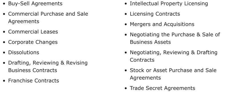•	Buy-Sell Agreements •	Commercial Purchase and Sale Agreements •	Commercial Leases •	Corporate Changes •	Dissolutions •	Drafting, Reviewing & Revising Business Contracts •	Franchise Contracts •	Intellectual Property Licensing •	Licensing Contracts •	Mergers and Acquisitions •	Negotiating the Purchase & Sale of Business Assets •	Negotiating, Reviewing & Drafting Contracts •	Stock or Asset Purchase and Sale Agreements •	Trade Secret Agreements